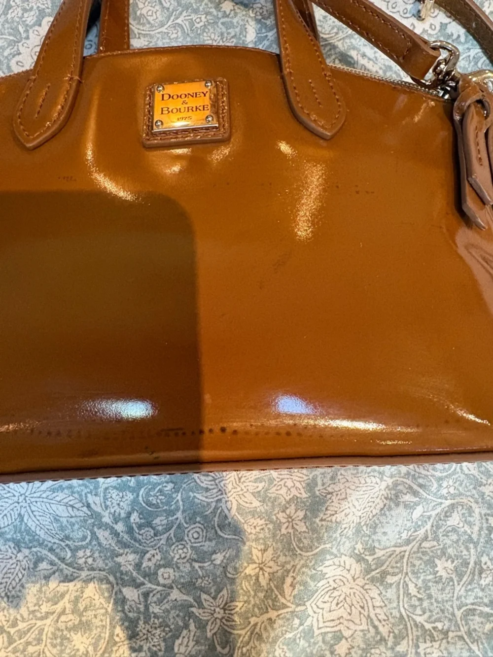 Dooney & Bourke Mini Cognac Patent Leather Crossbody Satchel 10” x 8”